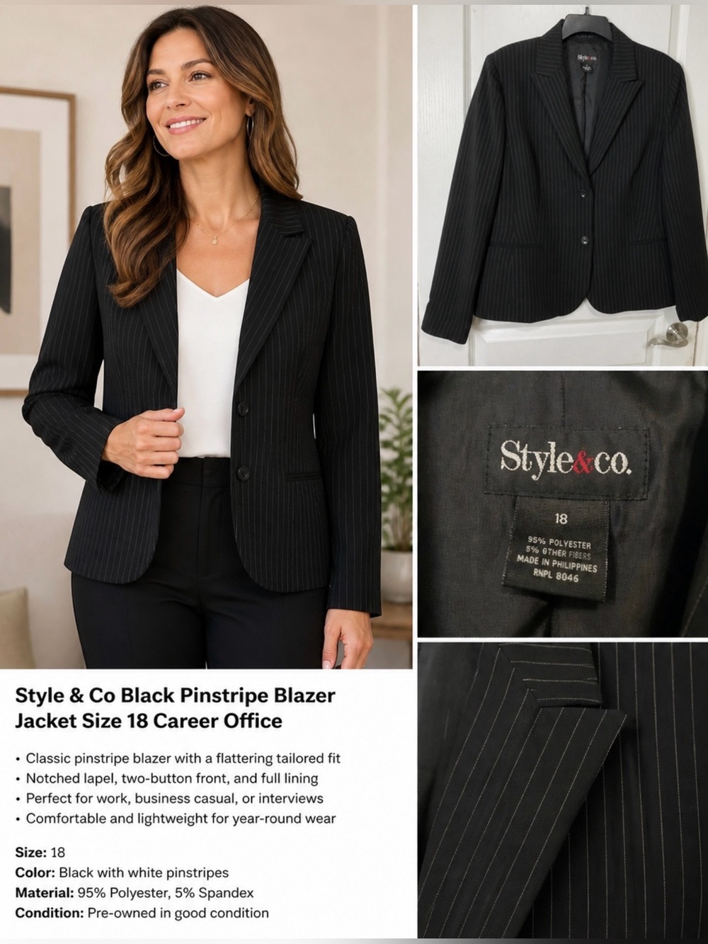 Style & Co Black Pinstripe Blazer Jacket Size 18 Career Office
